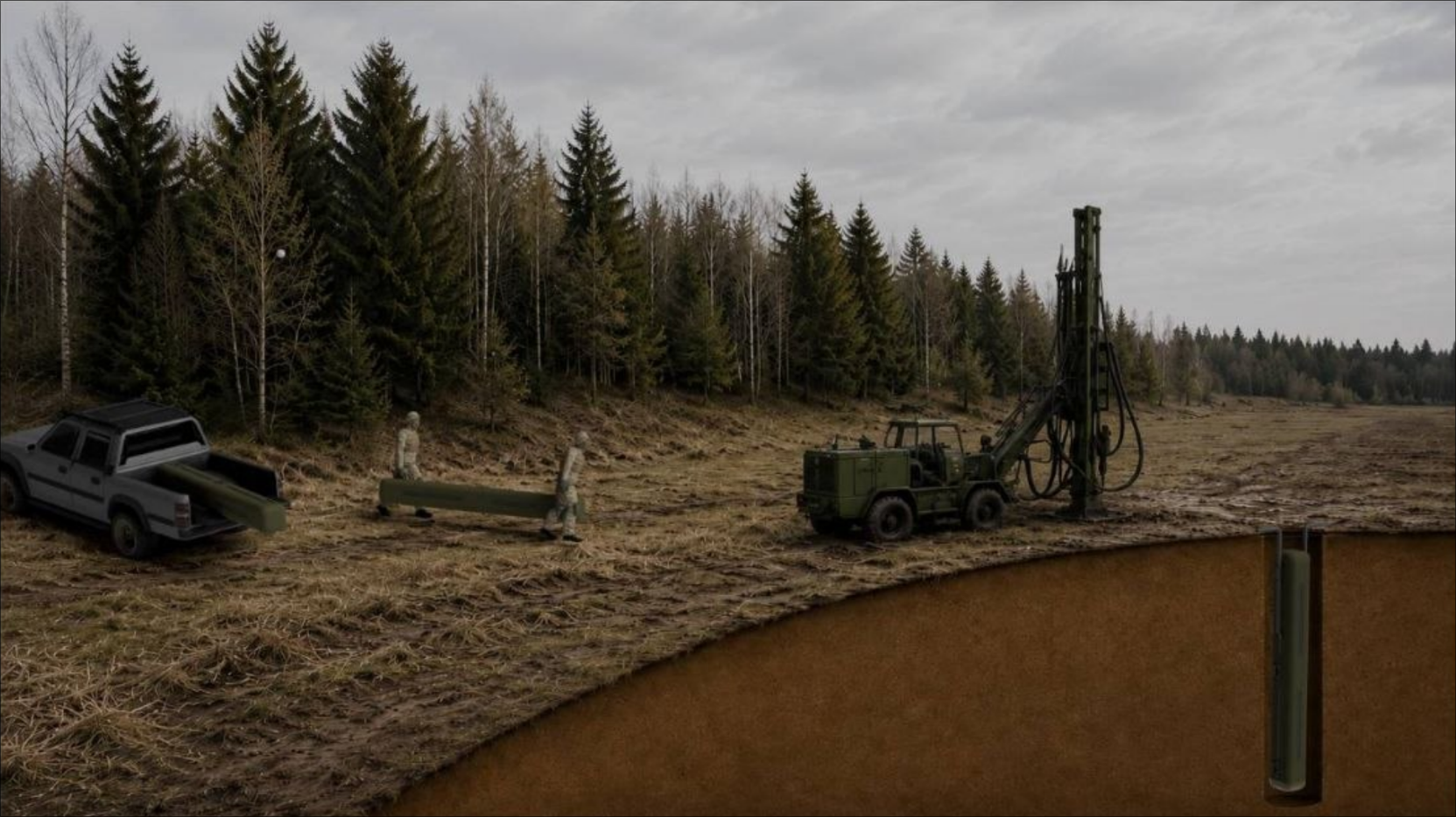 Military engineering equipment operating in a forest clearing