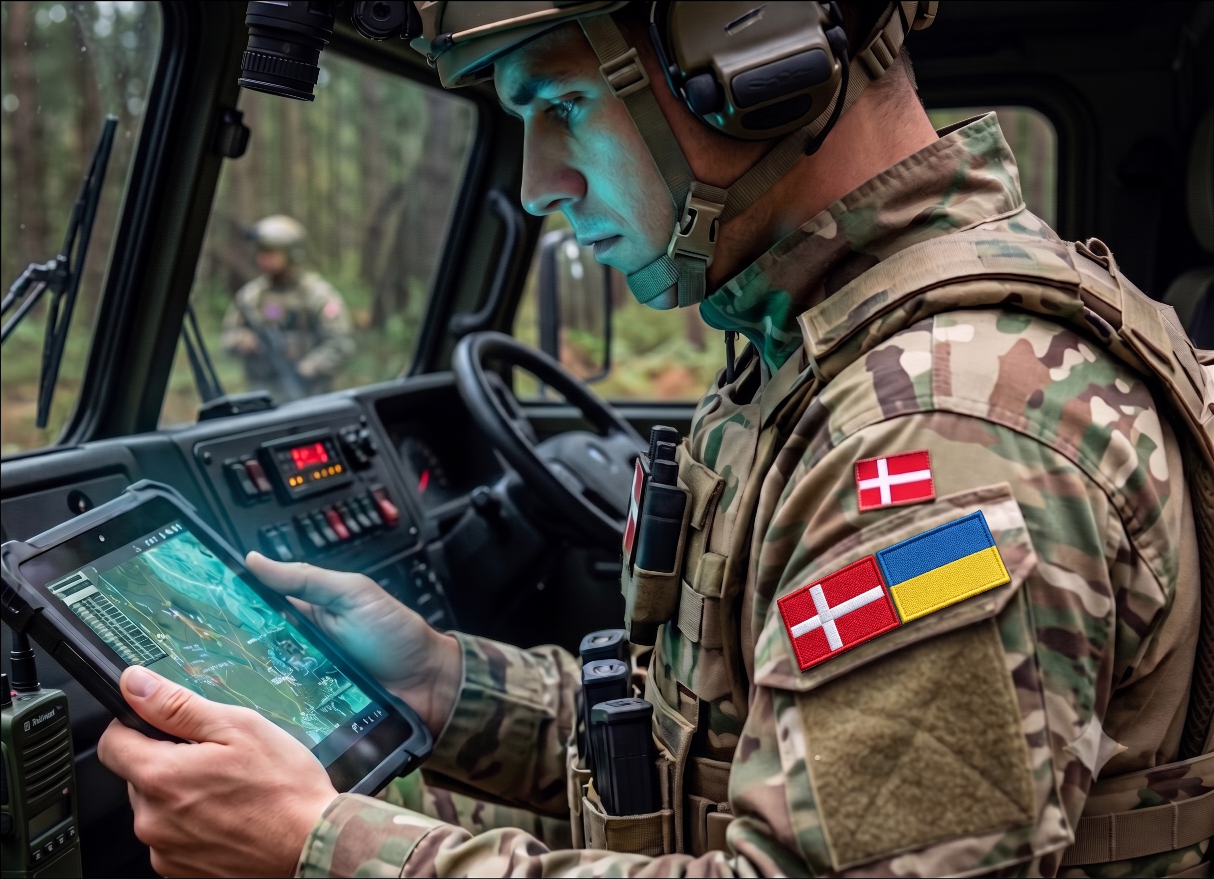 Soldier using a tactical display inside a military vehicle
